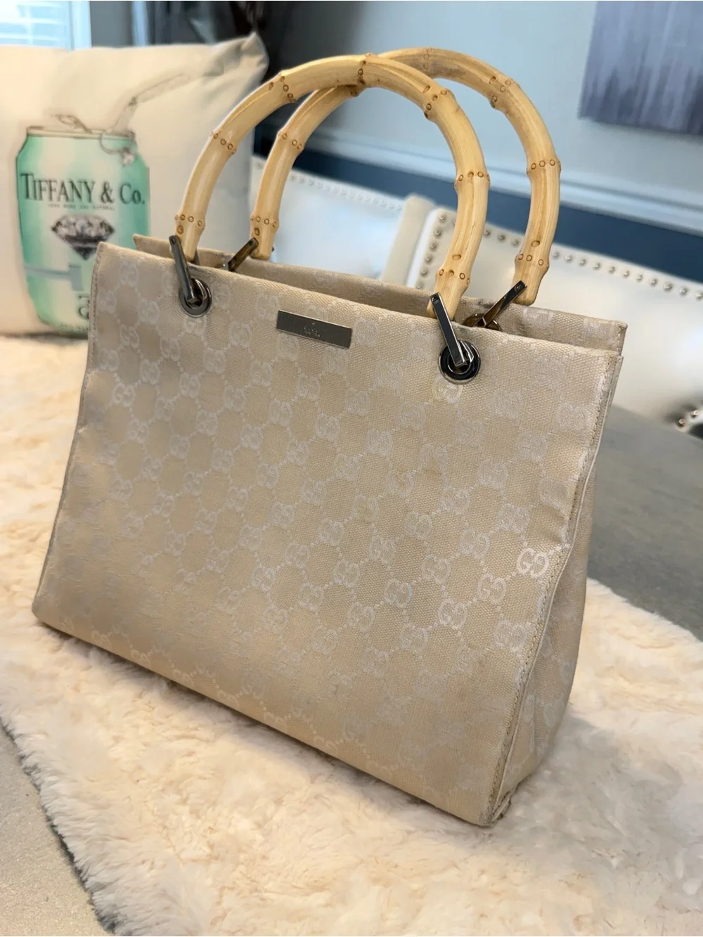 Gucci GG Canvas Bamboo Handle Tote Ivory Beige Vintage Italy